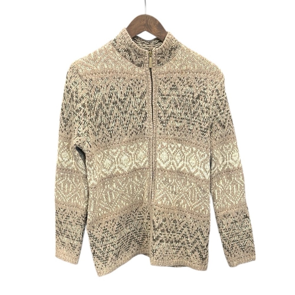 Coldwater Creek Cashmere Blend Zip Cardigan Small Tan Print Sweater Cozy Classic